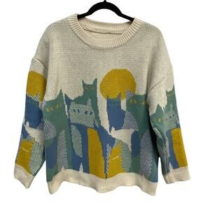 Unisex Long Sleeve Crew Neck Beige Cat Sweater Relaxed Drop Shoulder Pullover